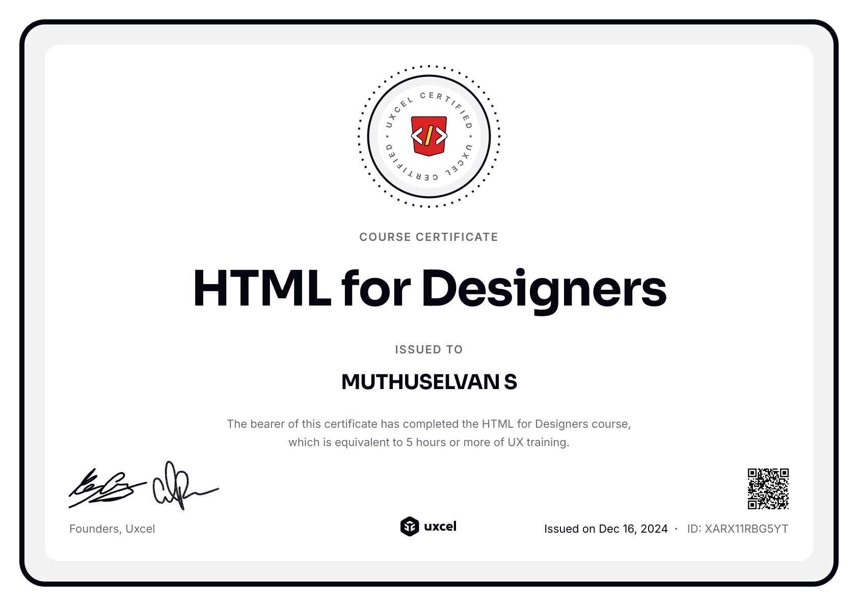 Muthuselvan saravanan's certificate